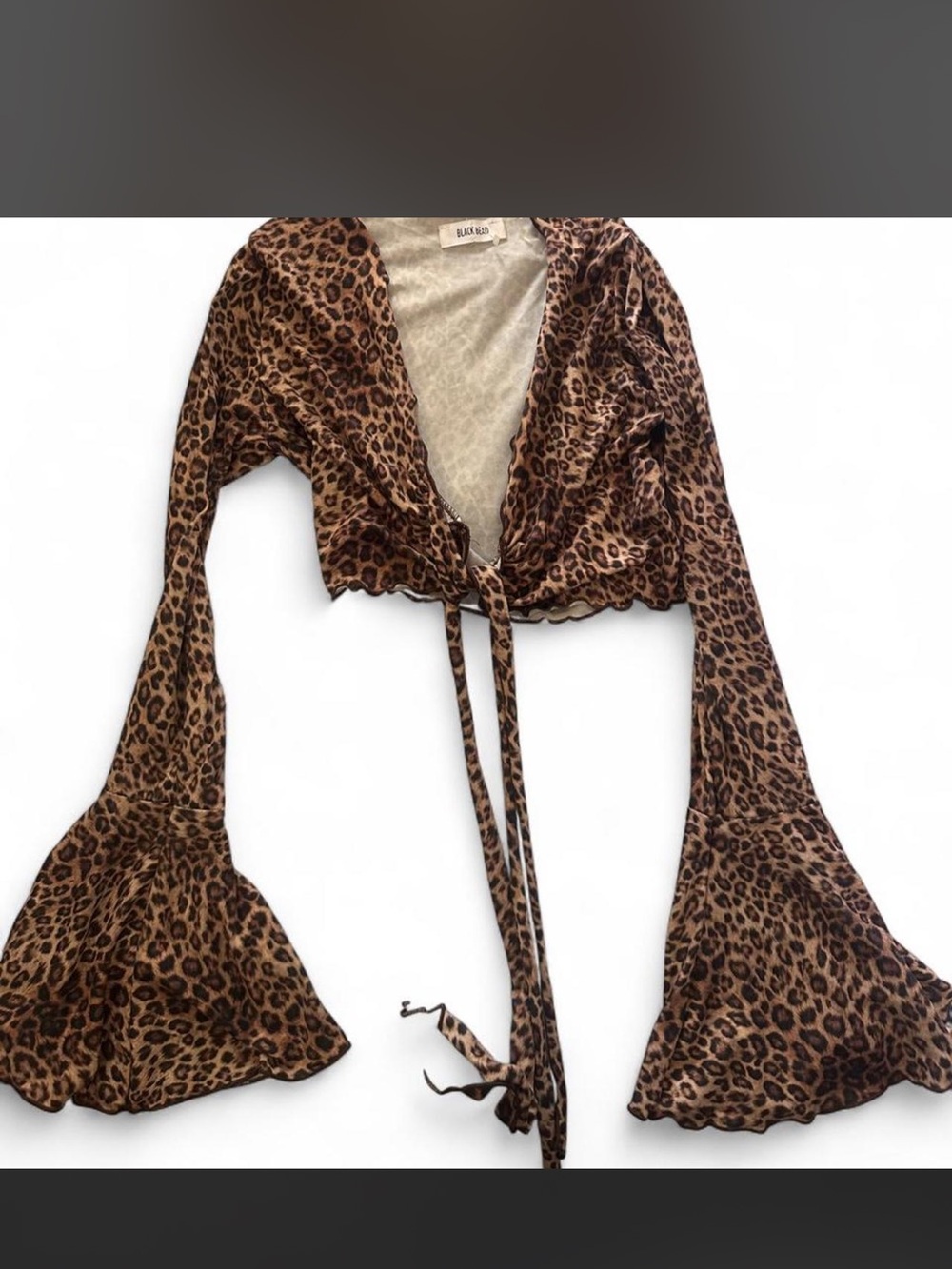 Leopard Tie-Front Crop Top with Flared Sleeves